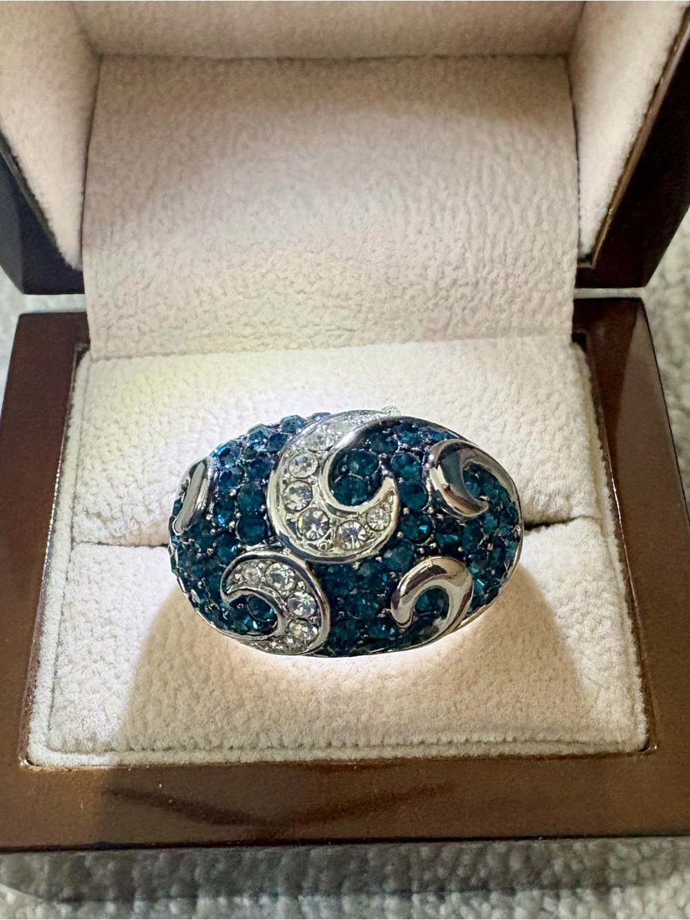 Lia Sophia Silver-Tone Teal Crystal Dome Ring with Clear Accents